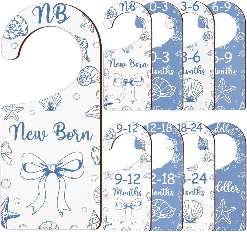 CORNER LACE Baby Closet Dividers 8PCS, Blue Shell & Bows Themed Wooden Double-Sided Clothes Size Hanger/Organizer from Newborn to Toddler for Nursery Decor Baby Shower Birthday Party Gift - Image 1